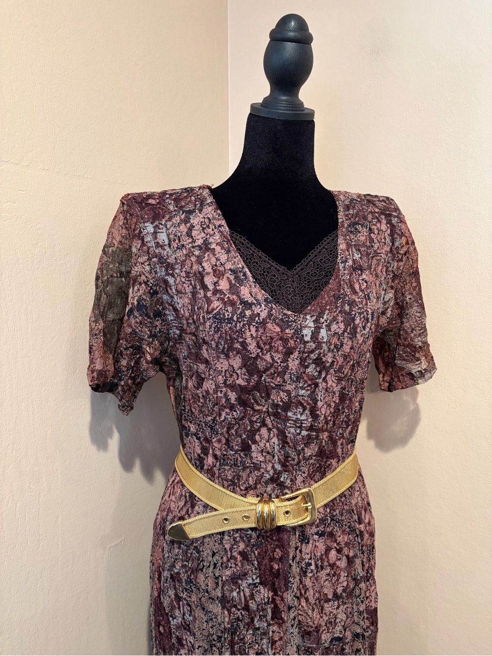 90s Office Mom Boho Mesh & Lace Maxi Dress w/ Padded Shoulders and Slim Waist - Picture 10 of 10